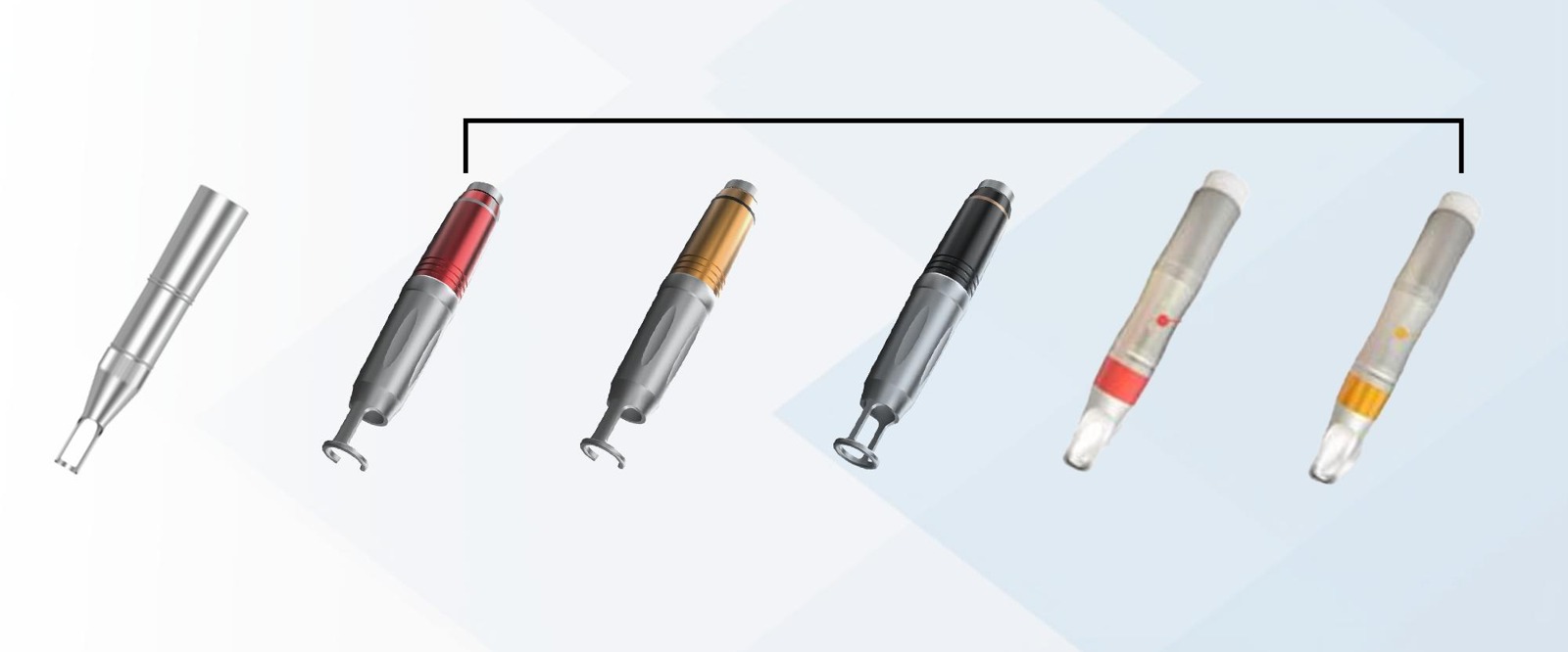 Range of Regent R5 treatment probes including standard, fractional, honeycomb and Gaussian handpieces