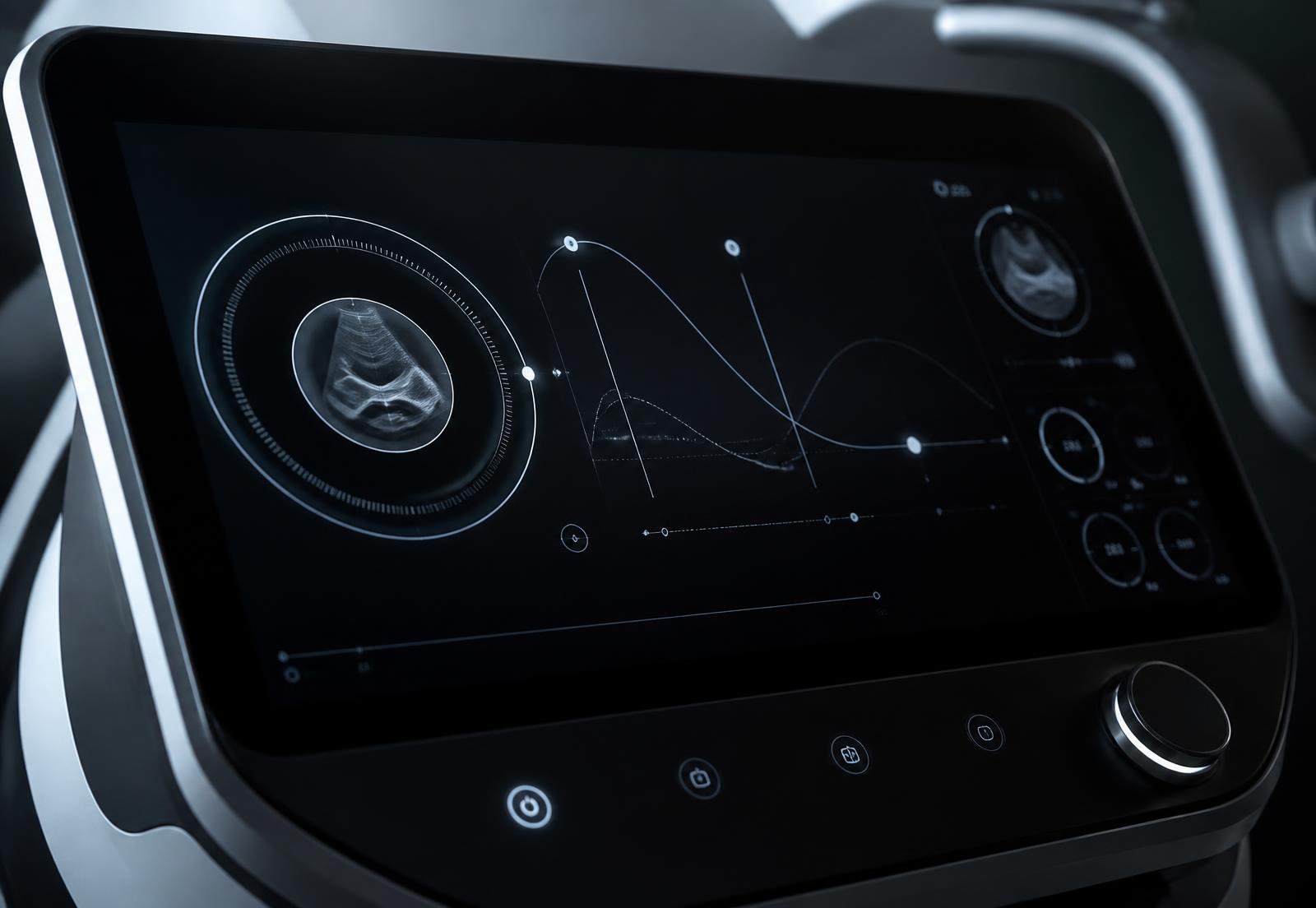 Close-up of a graphite medical device touchscreen control interface